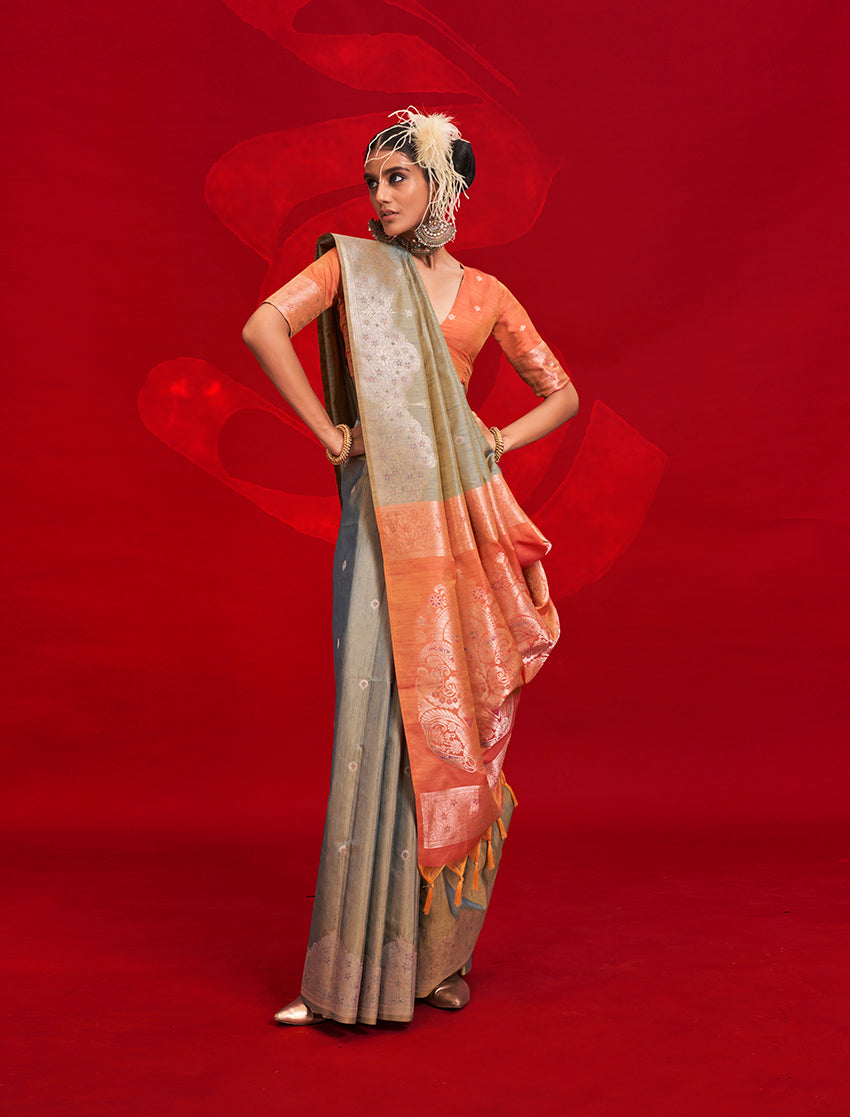 Monjolika Fashion Gray Color Weaving Silk Traditional Saree For Classic Look