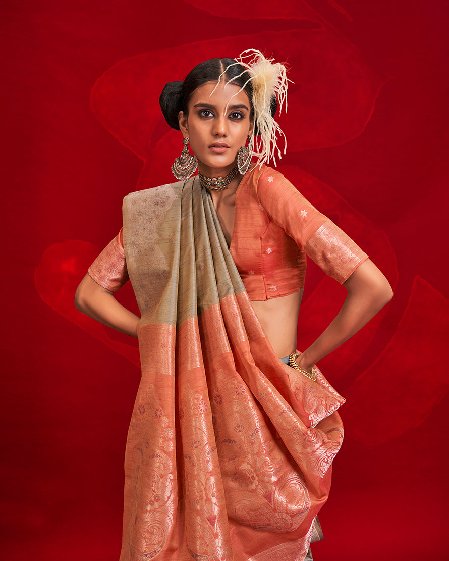 Monjolika Fashion Gray Color Weaving Silk Traditional Saree For Classic Look