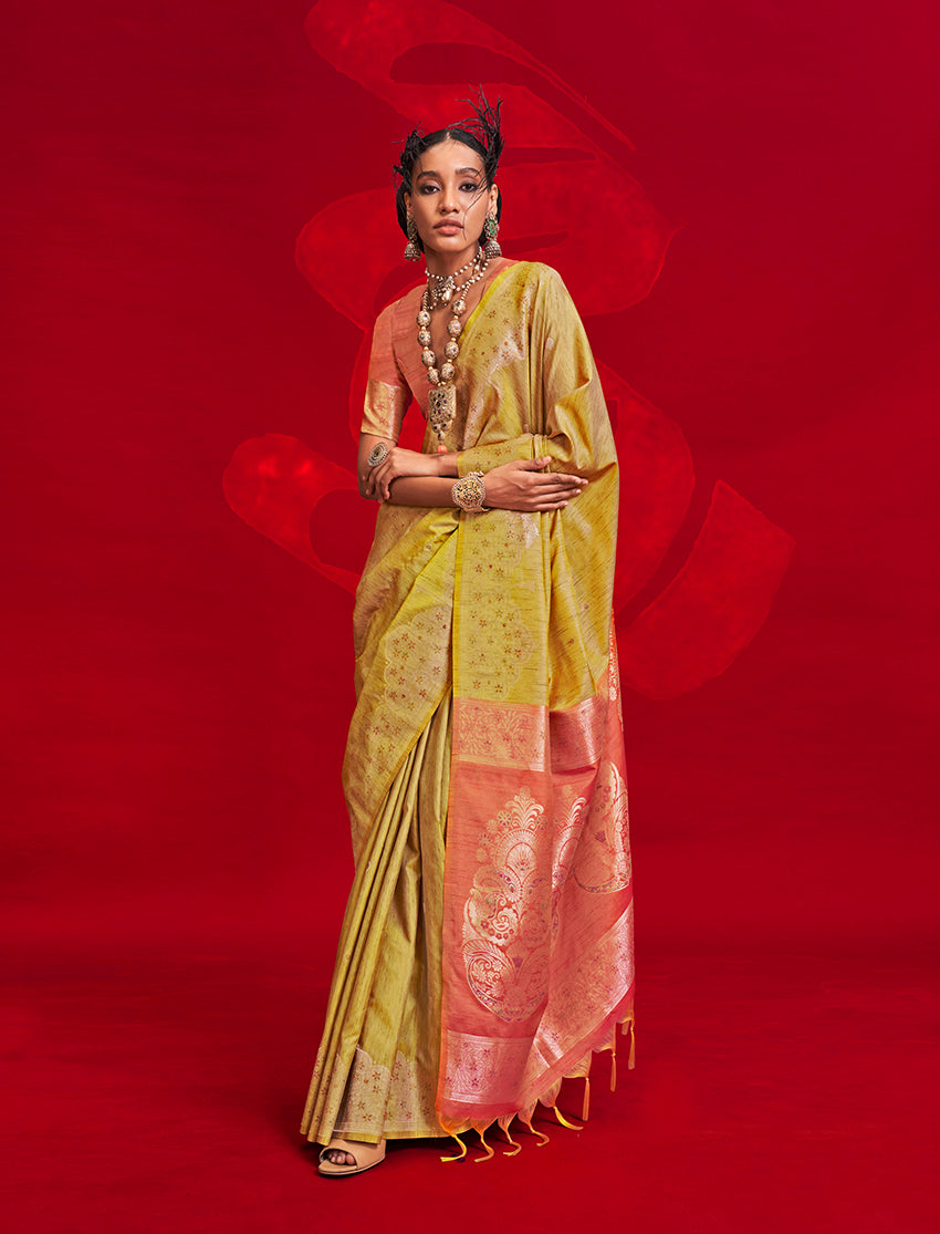 Monjolika Fashion Mustard Color Weaving Silk Traditional Saree For Classic Look