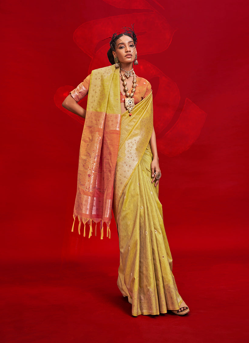 Monjolika Fashion Mustard Color Weaving Silk Traditional Saree For Classic Look