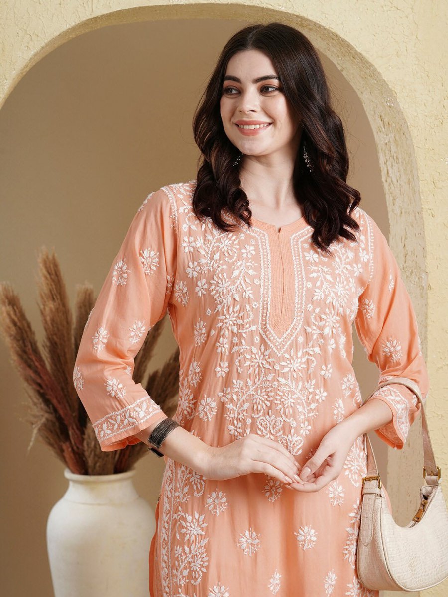ADA Ethnic Motifs Embroidered Lucknowi Chikankari Detailed Modal Cotton Straight Kurta