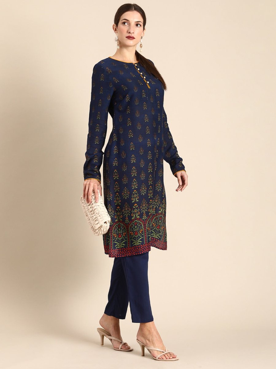 All About You Women Navy Blue Floral Printed Regular Long Sleeves Kurta with Trousers