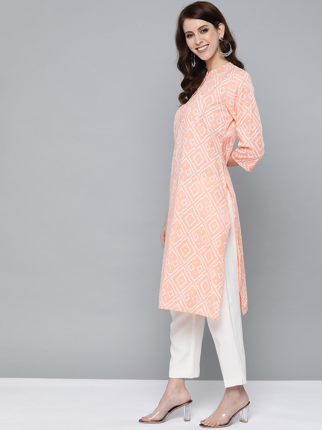 HERE&NOW Women Peach-Coloured & White Bandhani Print Straight Kurta