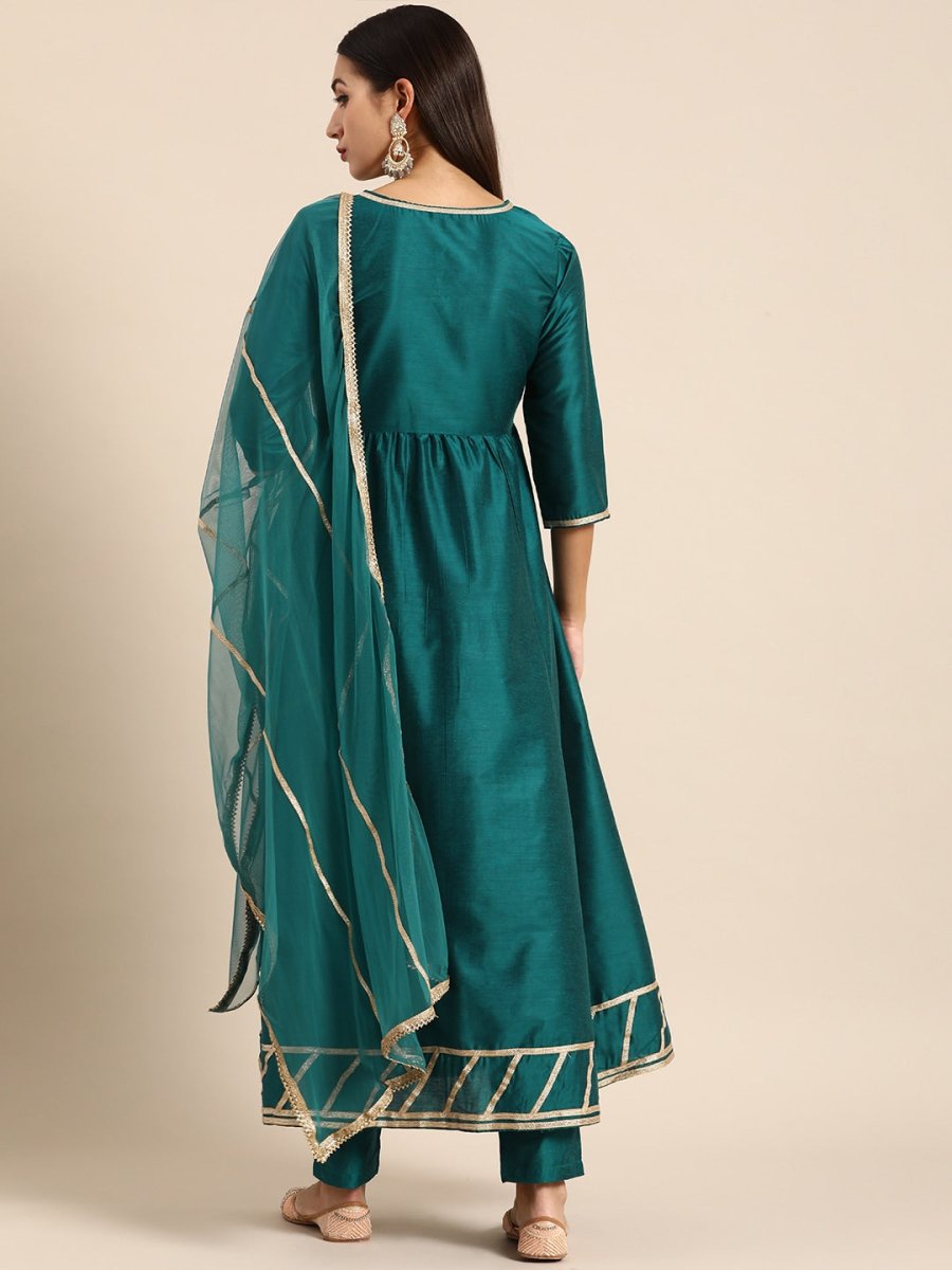 All About You Women Teal Green Solid V-Neck Anarkali Kurta with Trousers & Dupatta