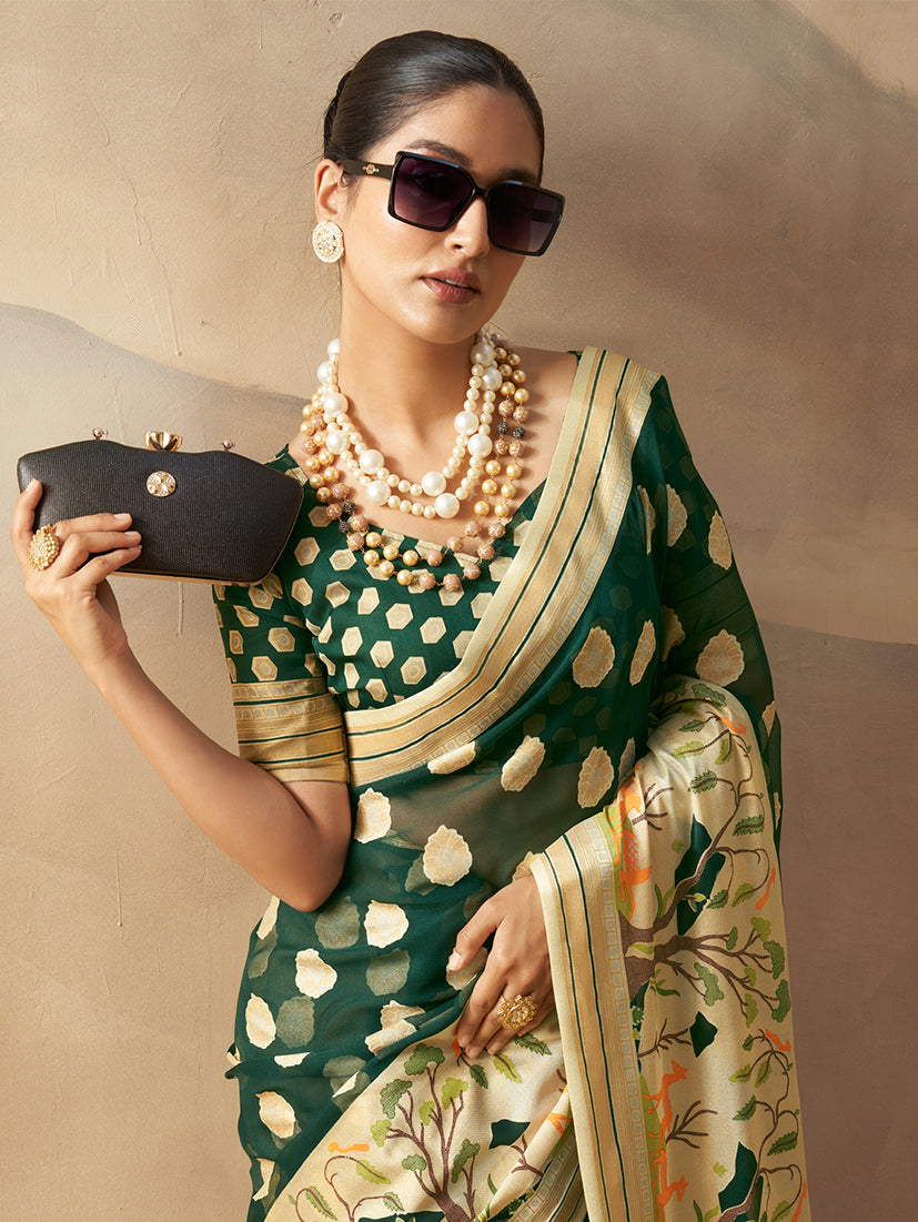 Monjolika Fashion Dark Green Georgette Weaving Zari Printed Classic Saree