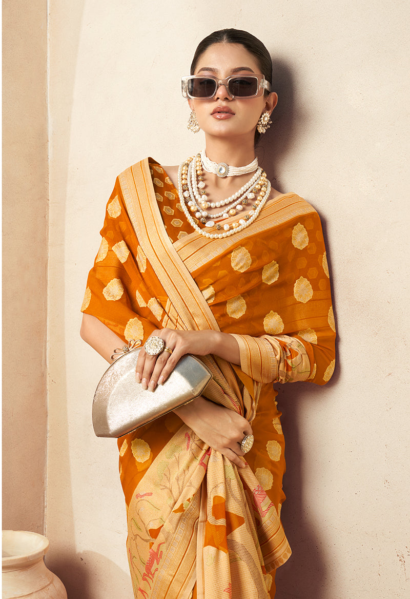 Monjolika Fashion Orange Georgette Weaving Zari Printed Classic Saree