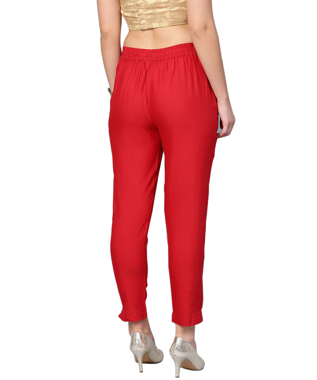 Juniper Women Red Cotton Flex Solid Slim Fit Pant/Slim Pant