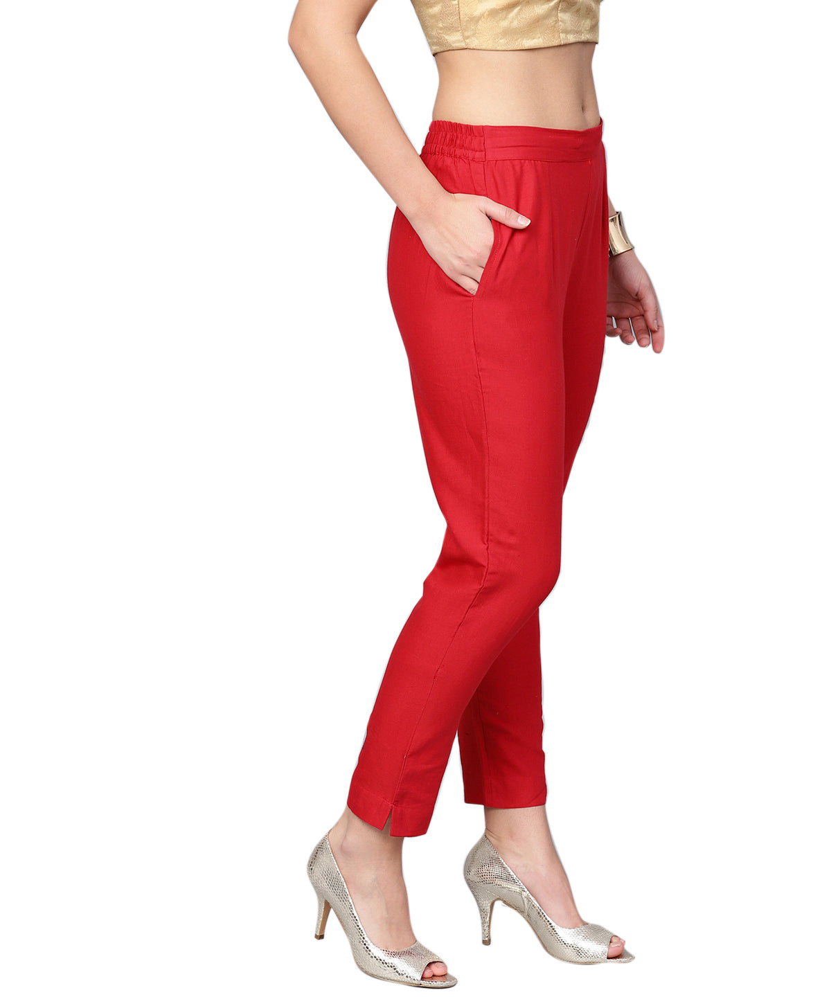Juniper Women Red Cotton Flex Solid Slim Fit Pant/Slim Pant