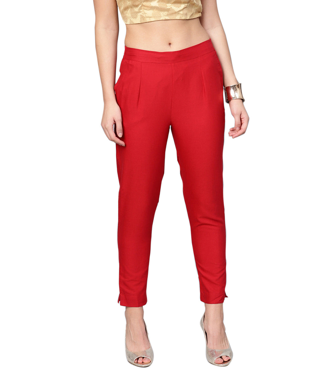 Juniper Women Red Cotton Flex Solid Slim Fit Pant/Slim Pant