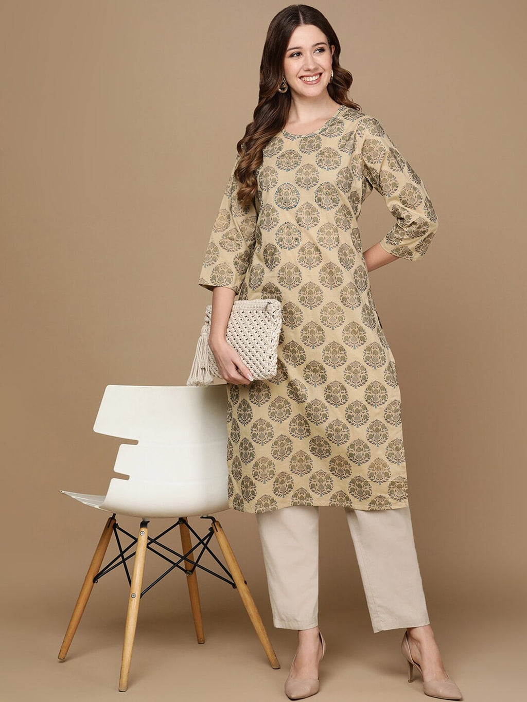 HERE&NOW Beige & Green Ethnic Motifs Printed Sequinned Thread Work Cotton Kurta