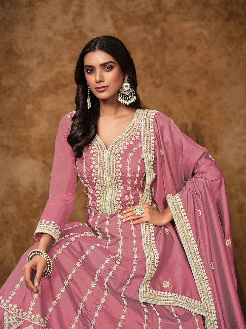 Monjolika Fashion Pink Color Embroidered Santoon Silk Salwar Suit