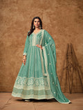 Monjolika Fashion Aqua-Blue Color Embroidered Santoon Silk Salwar Suit