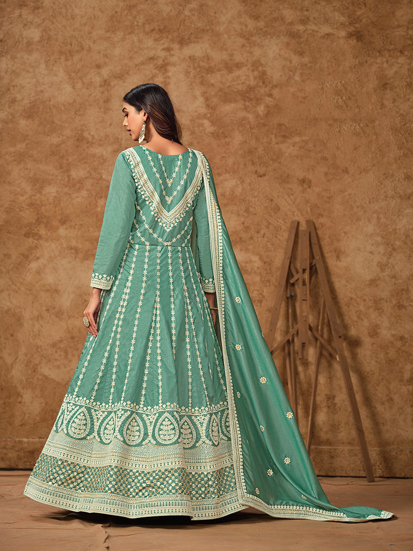 Monjolika Fashion Aqua-Blue Color Embroidered Santoon Silk Salwar Suit