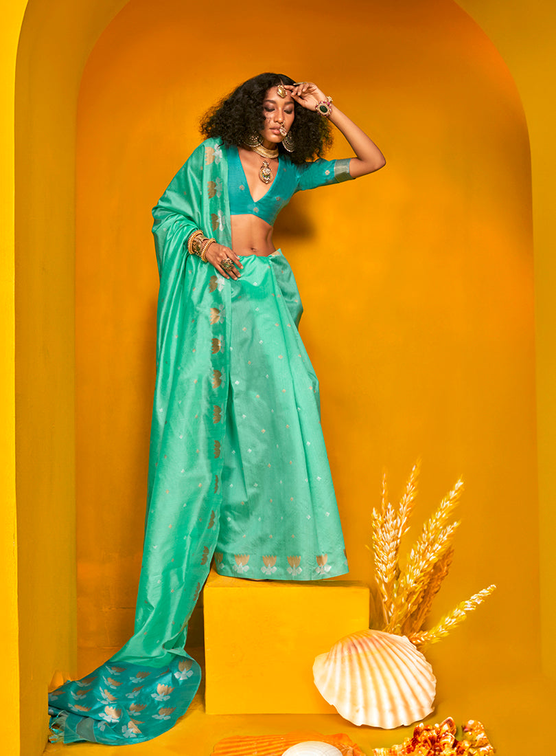 Monjolika Fashion Sea Green Handloom Silk Weaving Zari Designer Saree