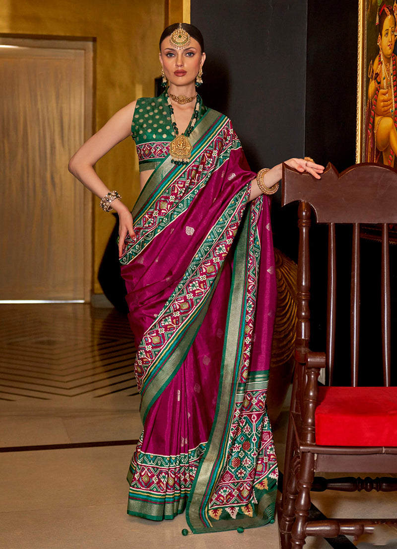 Monjolika Fashion Burgundy Patola Printed Silk Contemporary Saree For Ceremonial