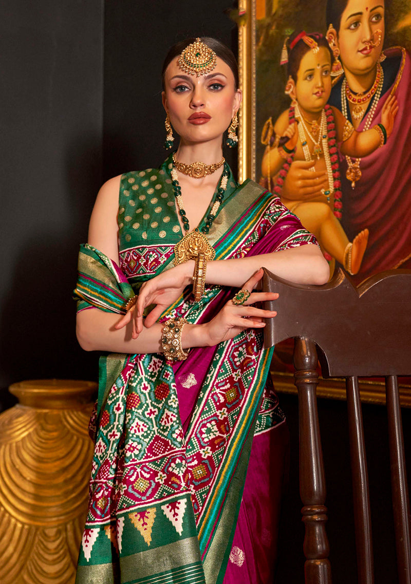 Monjolika Fashion Burgundy Patola Printed Silk Contemporary Saree For Ceremonial