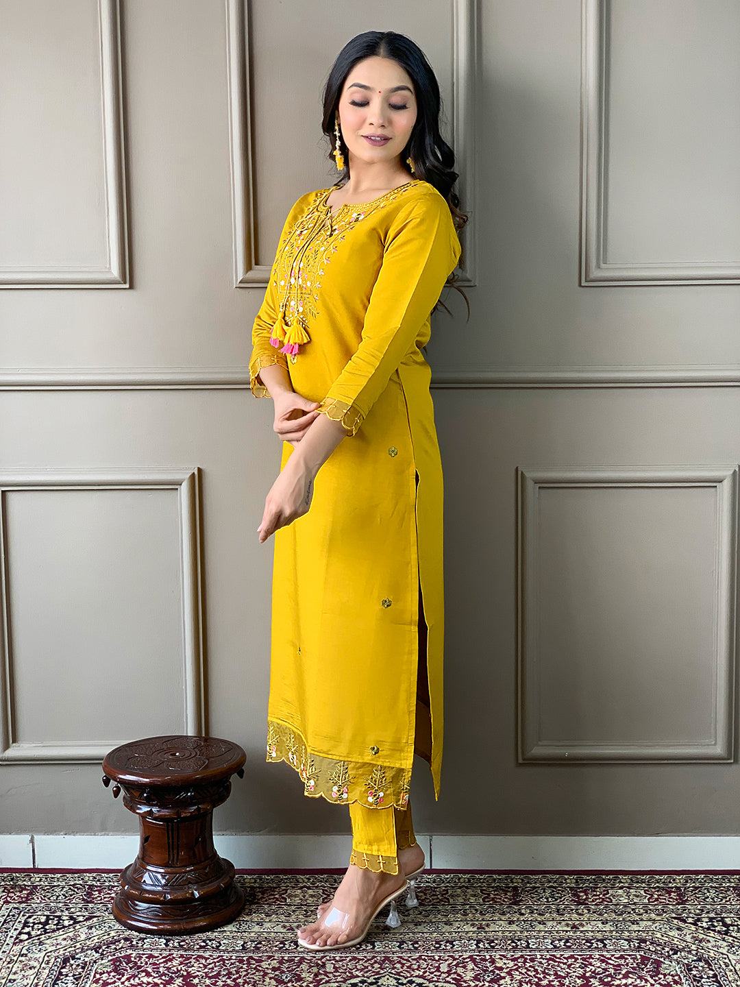 The52 Mustard Embroidered Chanderi Fabric Straight Kurta, Pant and Dupatta Set