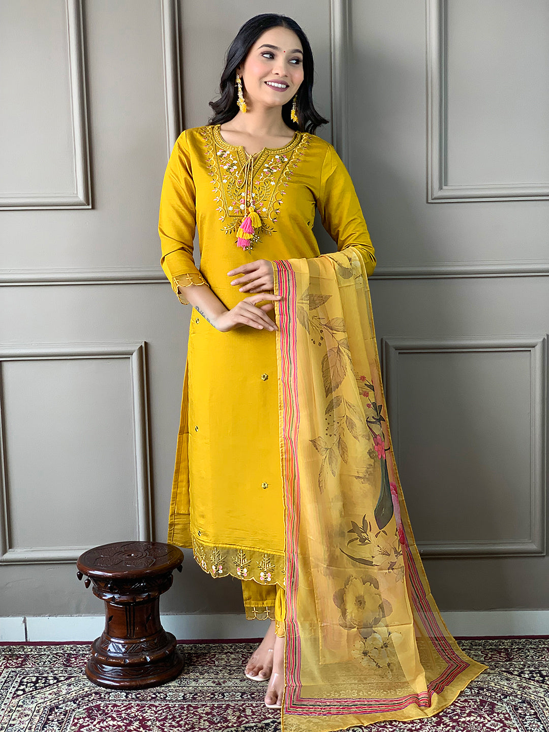 The52 Mustard Embroidered Chanderi Fabric Straight Kurta, Pant and Dupatta Set