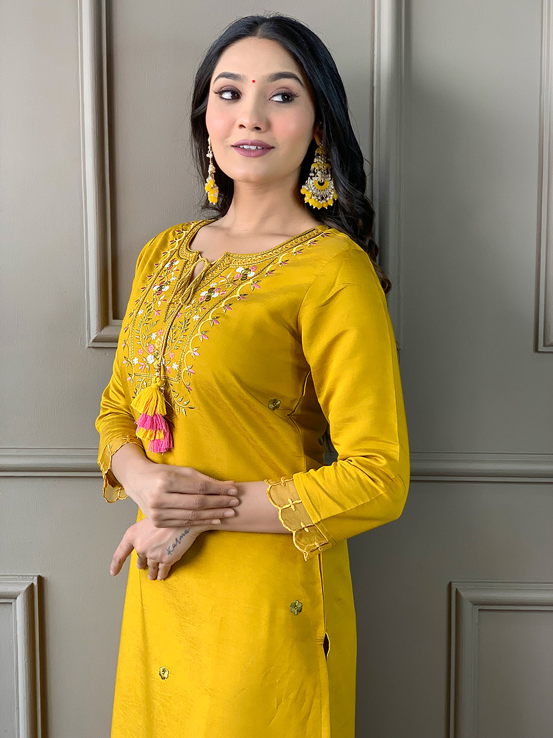 The52 Mustard Embroidered Chanderi Fabric Straight Kurta, Pant and Dupatta Set
