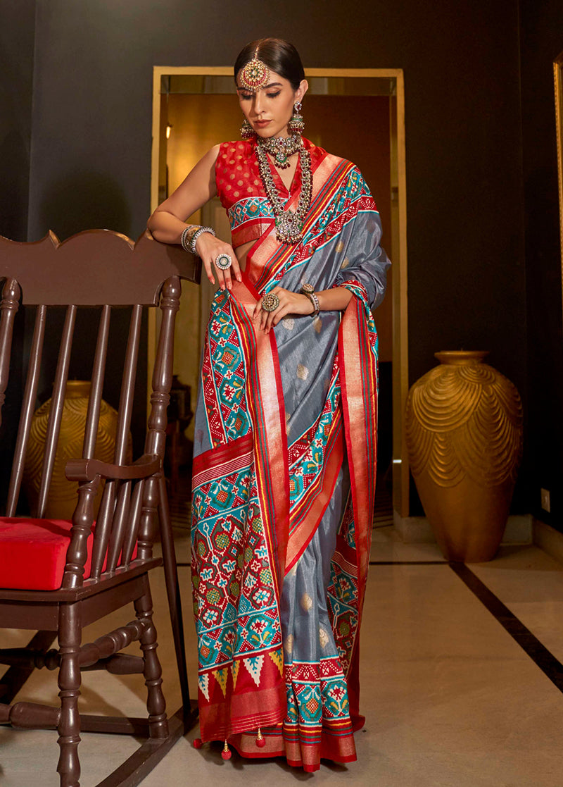 Monjolika Fashion Patola Print Silk Designer Saree In Grey