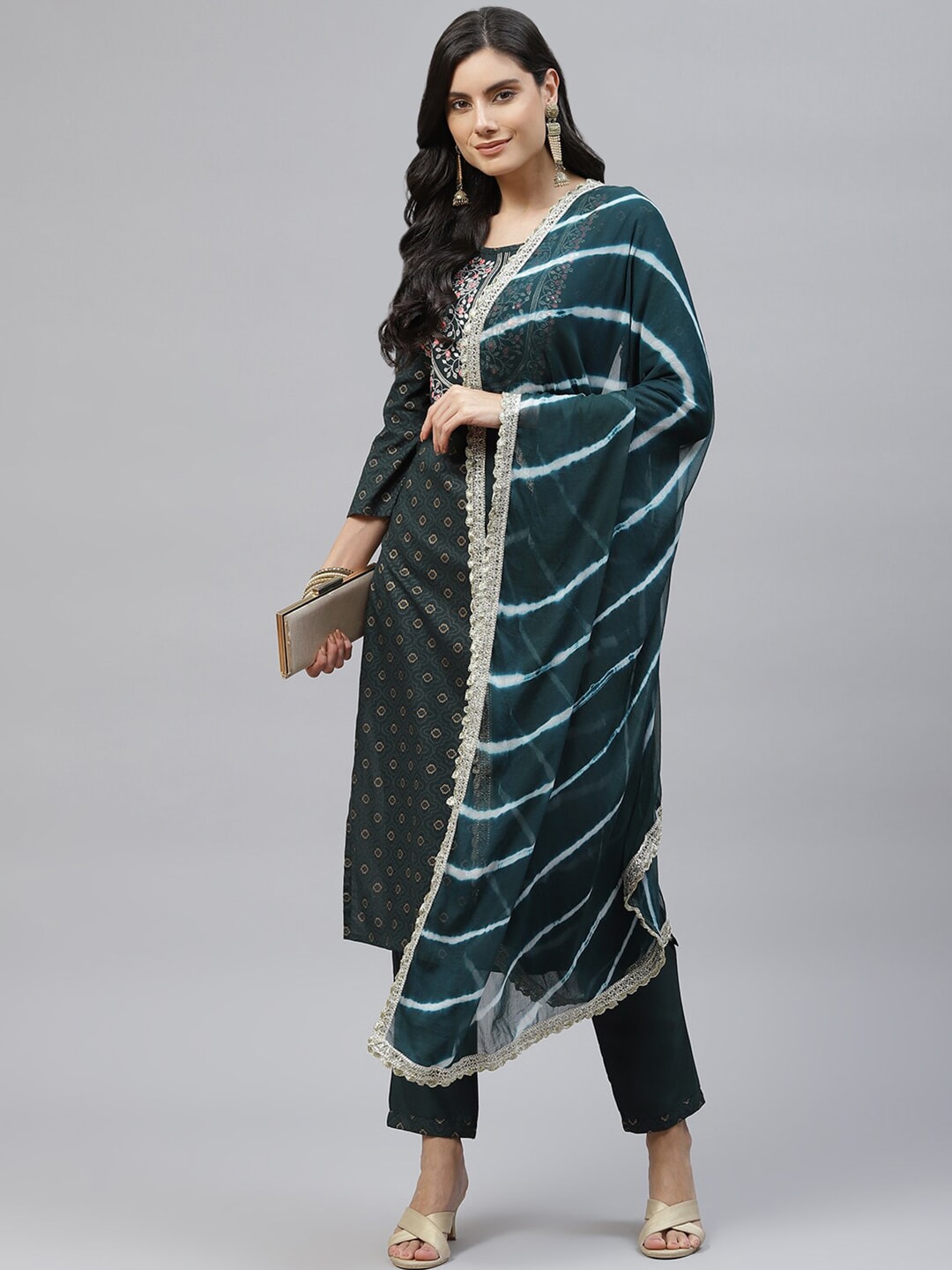 HERE&NOW Women Green Embroidered Straight Kurta with Trousers & With Dupatta