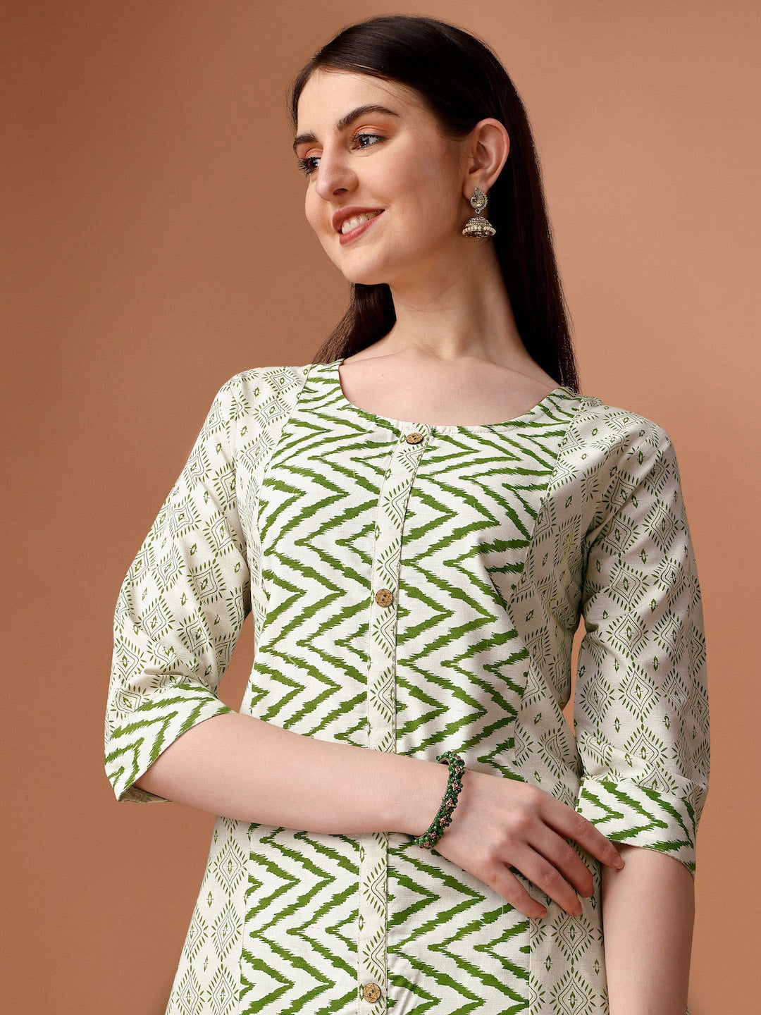 HERE&NOW Geometric Printed Pure Cotton Kurta With Trousers & Dupatta