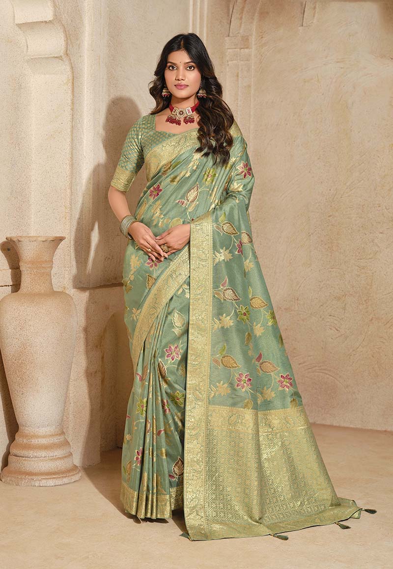 Monjolika Fashion Sea Green Color Weaving Silk Classic Saree