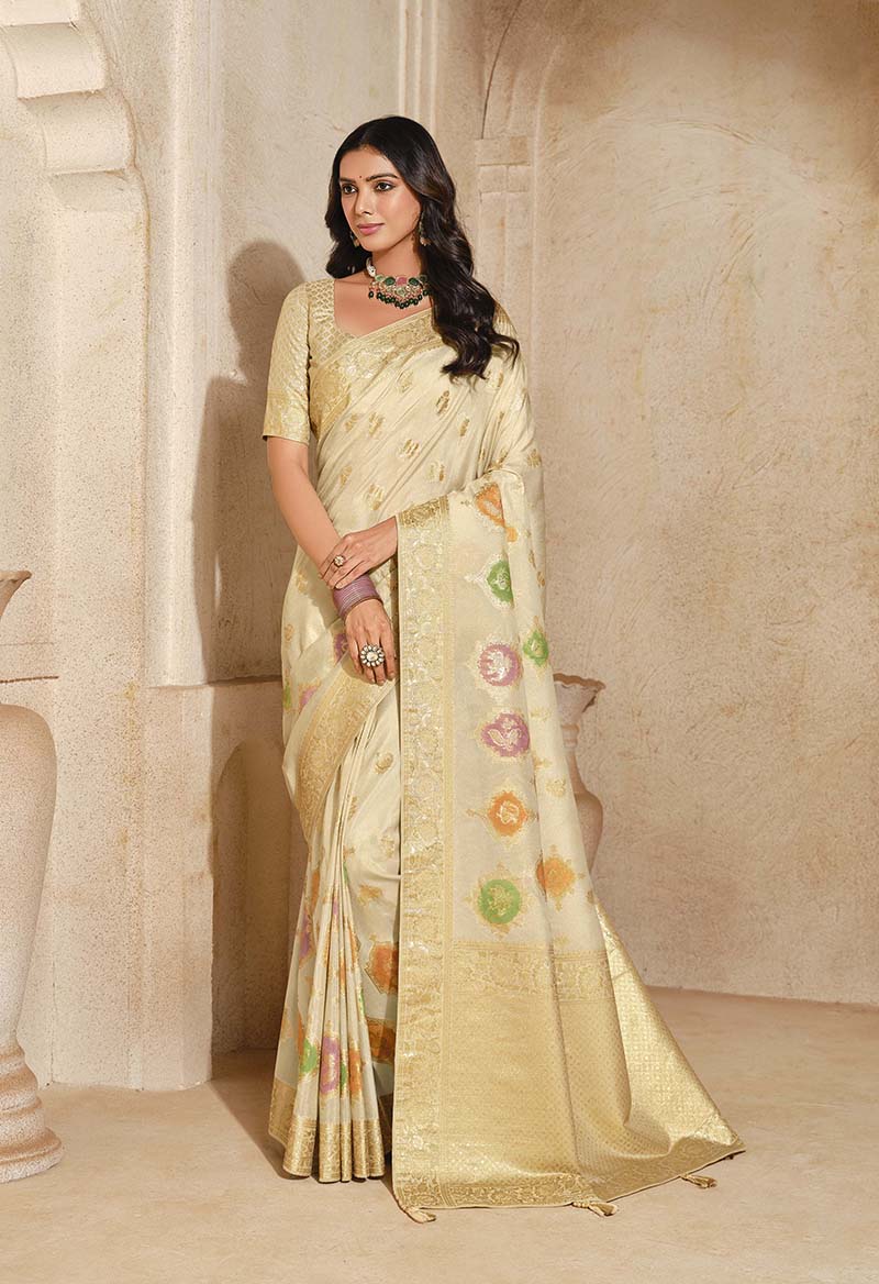 Monjolika Fashion Cream Color Weaving Silk Classic Saree