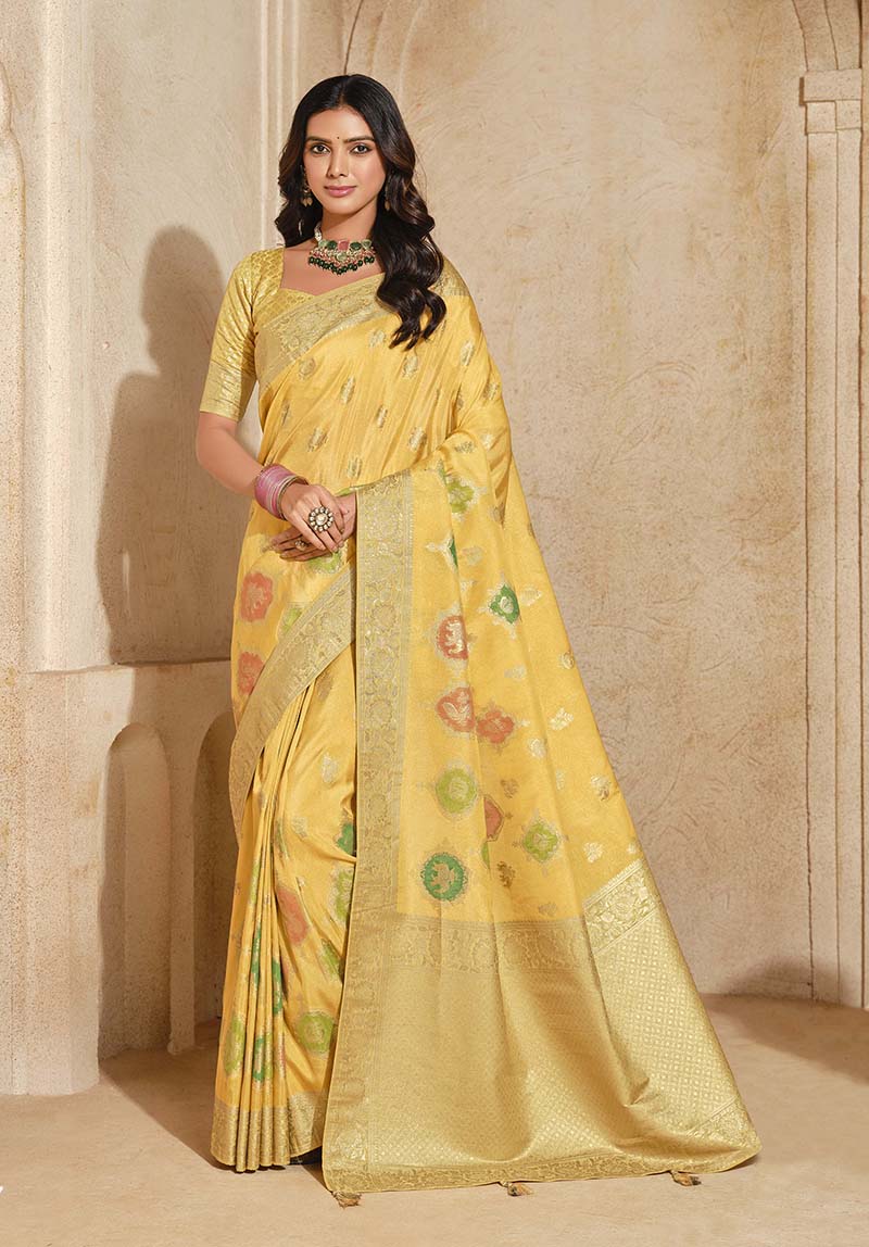 Monjolika Fashion Yellow Color Weaving Silk Classic Saree