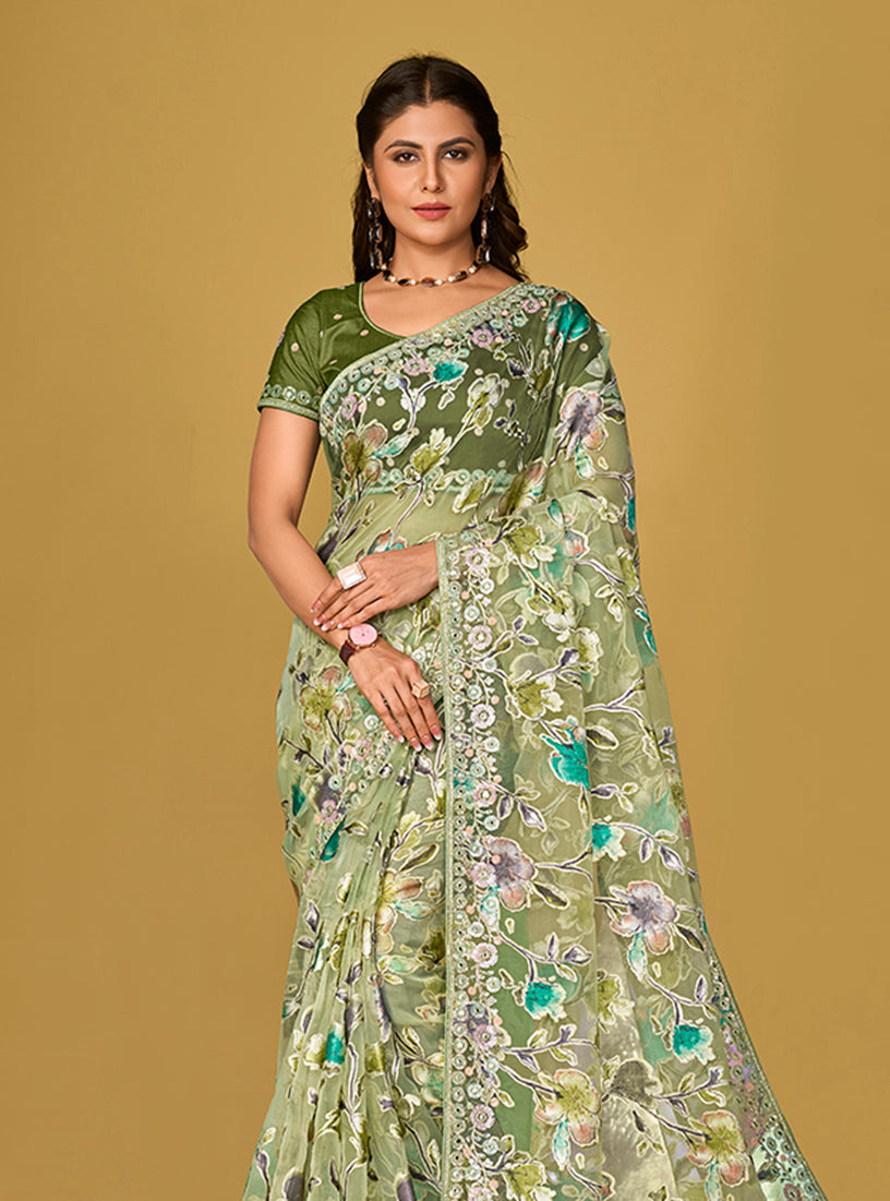 Monjolika Fashion Light Green Color Organza Brasso With Beautiful Printed Saree