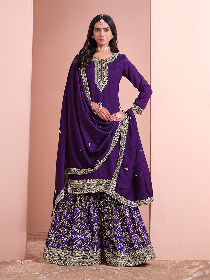 Monjolika Fashion Dark-Purple Color Embroidered Santoon Art Silk Salwar Suit