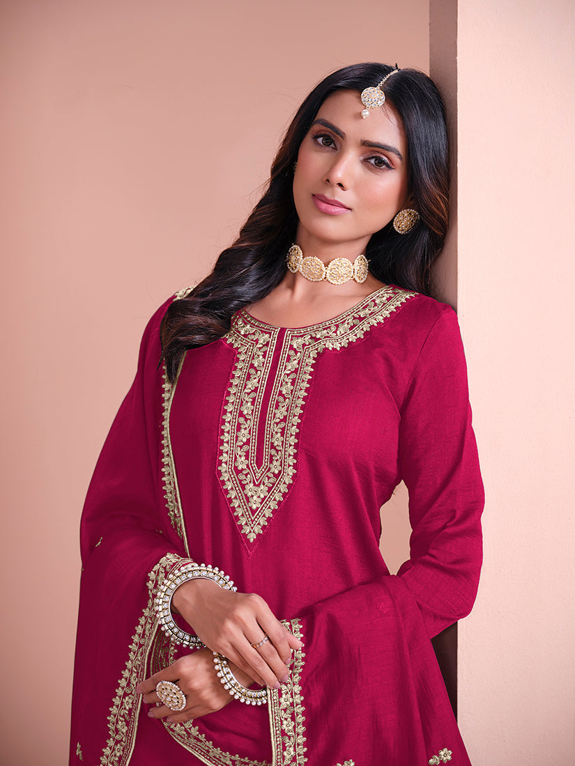 Monjolika Fashion Rani-Pink Color Embroidered Santoon Art Silk Salwar Suit