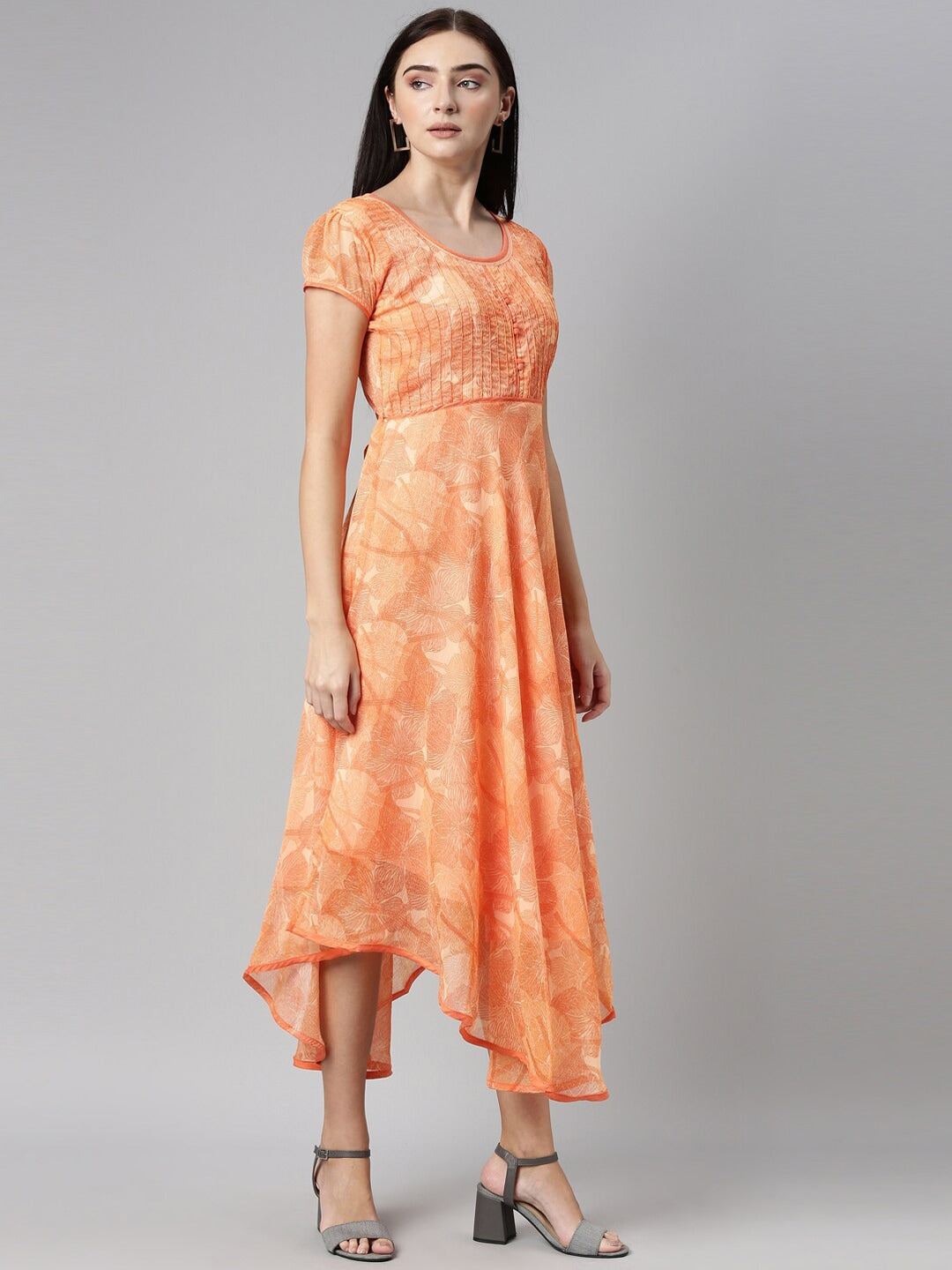 Souchii Orange Floral Chiffon Midi Dress