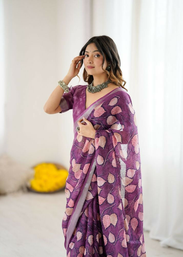 PR Fashion Purple Linen Patta Printed Saree
