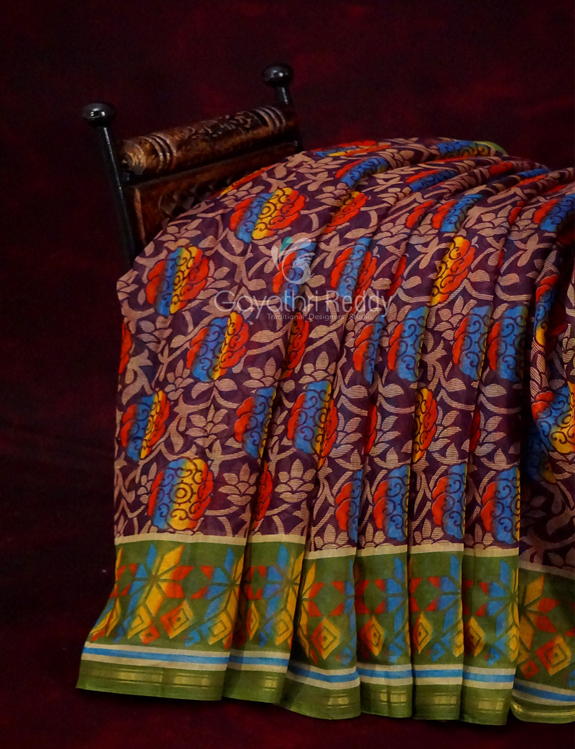 Shades of Dark Wine With Leaf Green Blouse Creeper Design Semi Chanderi Saree By Gayathri Reddy Designer Studio