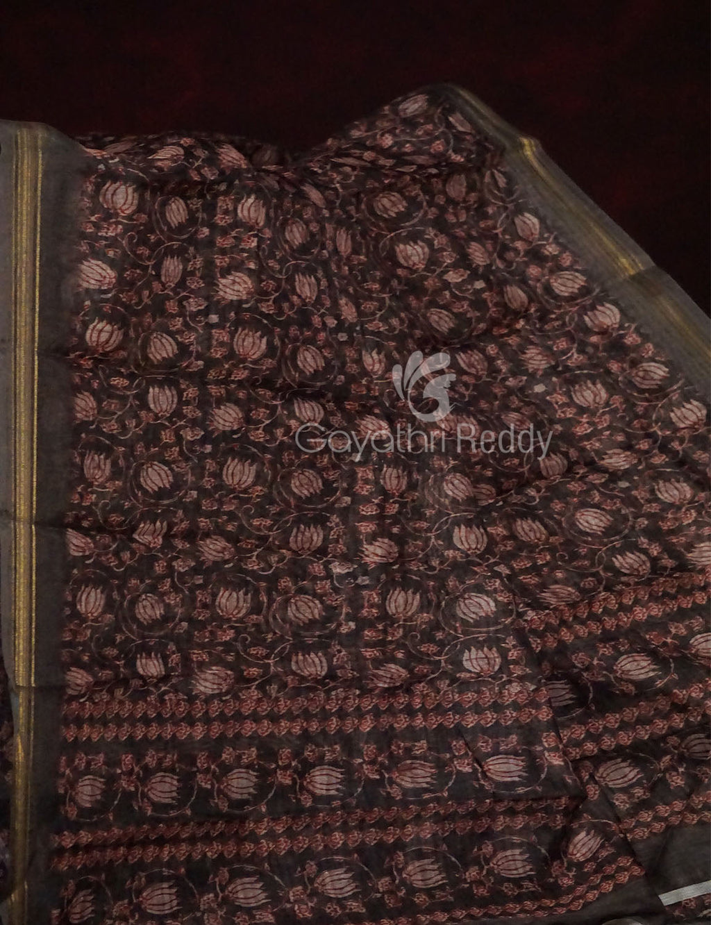 Dark Coffee Brown Colour Lotus Design Semi Chanderi Saree By Gayathri Reddy Designer Studio