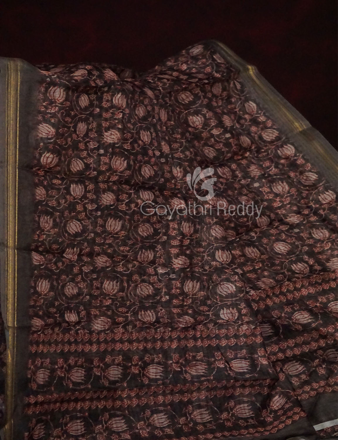 Dark Coffee Brown Colour Lotus Design Semi Chanderi Saree By Gayathri Reddy Designer Studio