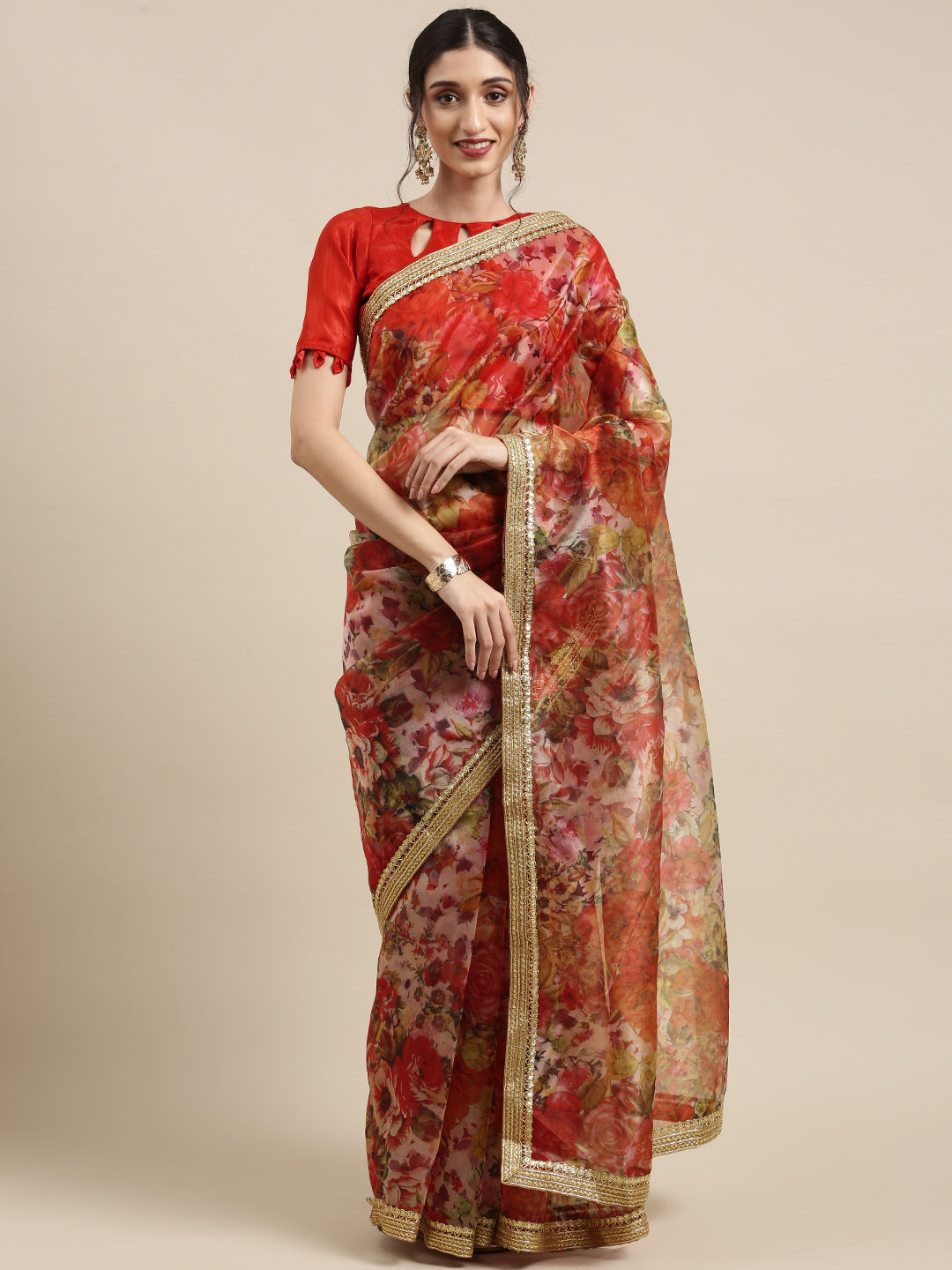 Tikhi Imli Red Floral Organza Saree