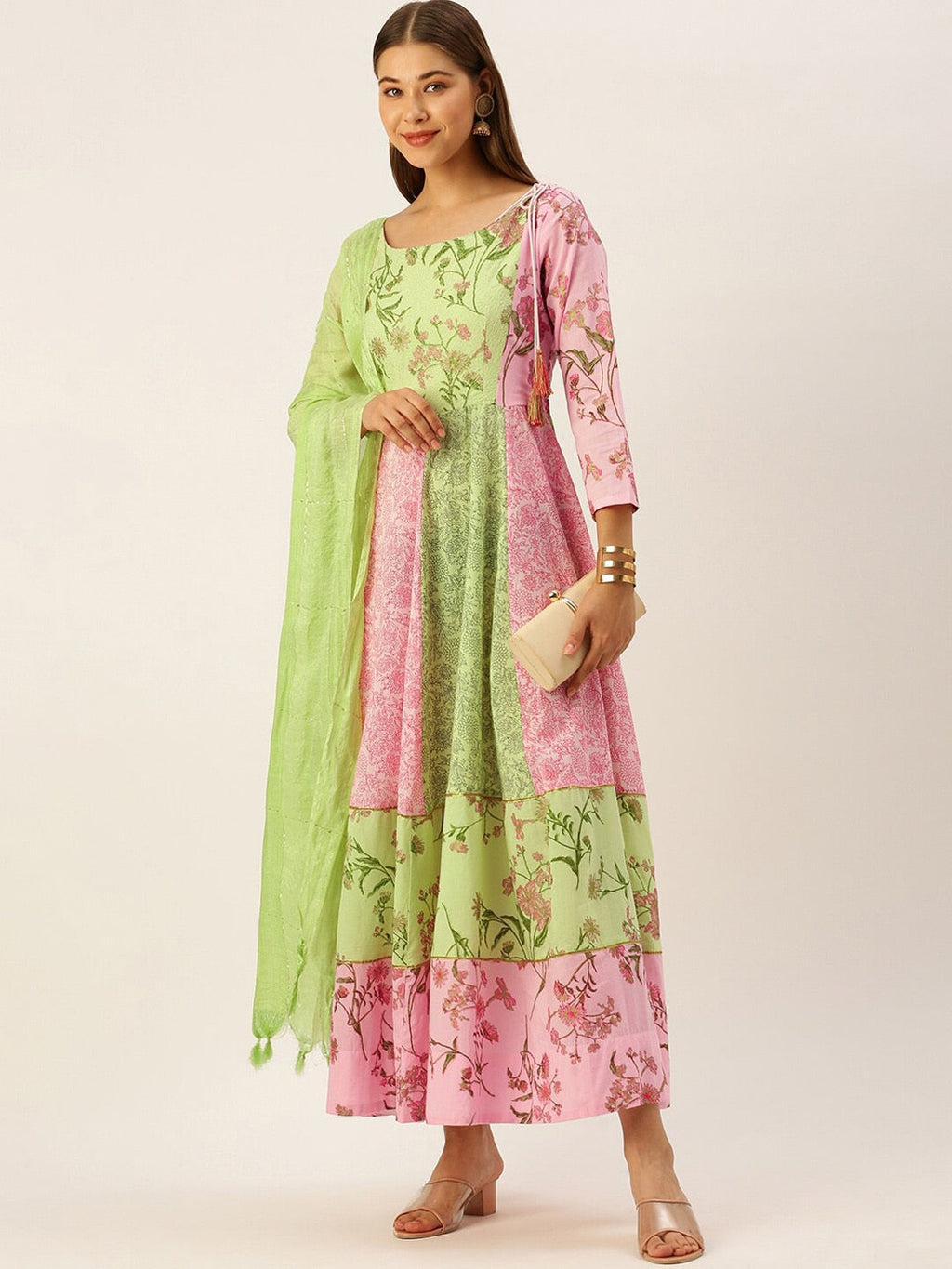 HERE&NOW Women Green & Pink Floral Printed Anarkali Cotton Kurta With Dupatta