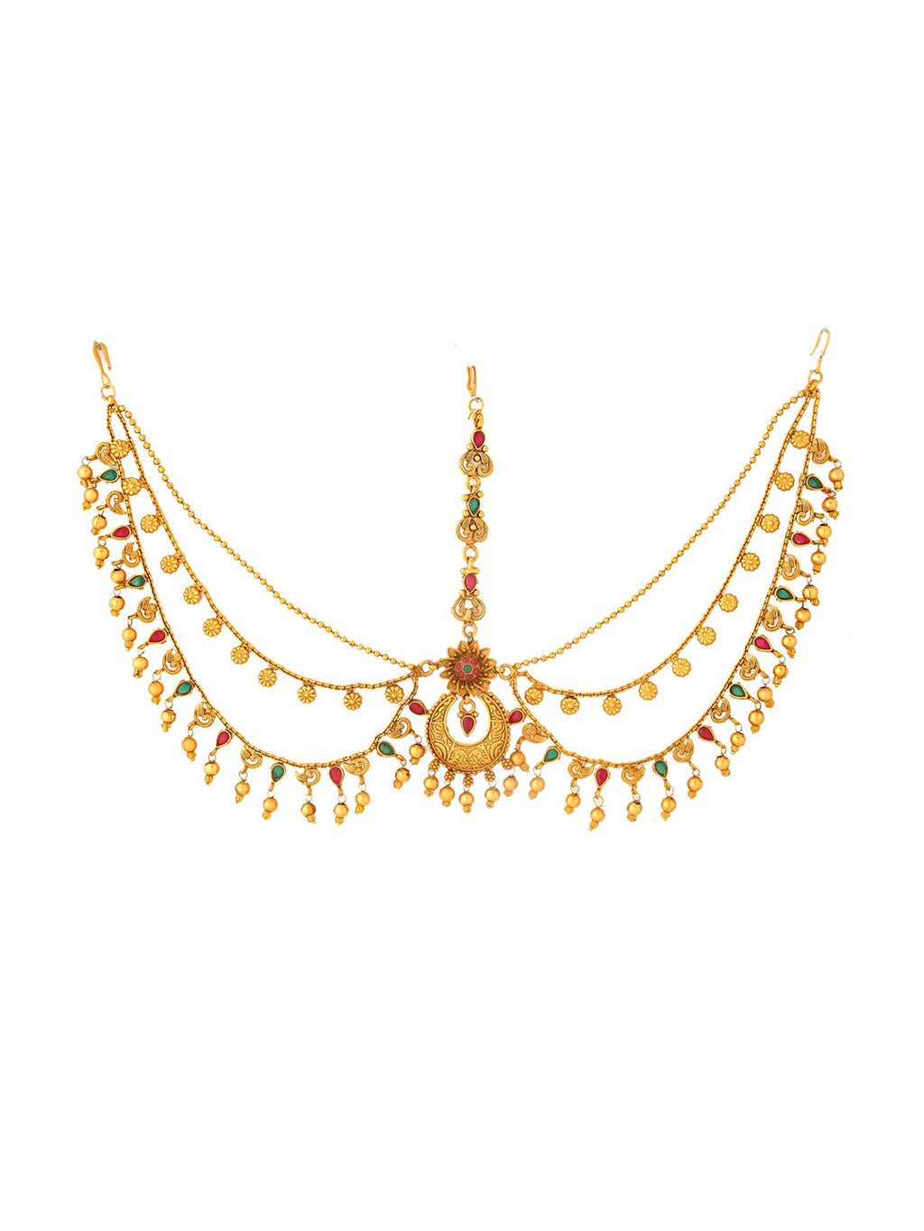 Yellow Chimes Gold-Polished Red & Green Stone-Studded Layered Bridal Maatha Patti