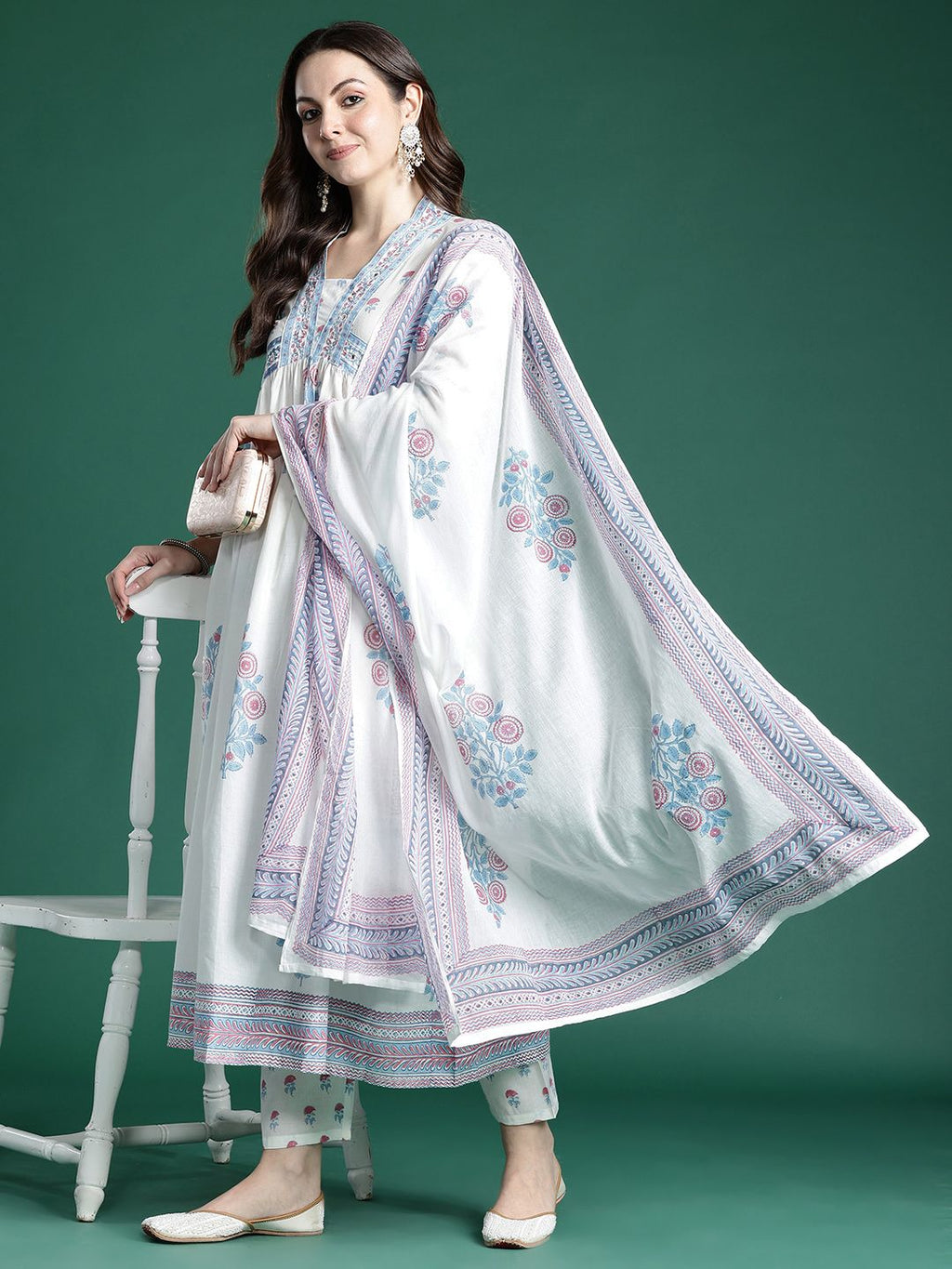 Indo Era Floral Printed Pure Cotton Kurta with Trousers & Dupatta
