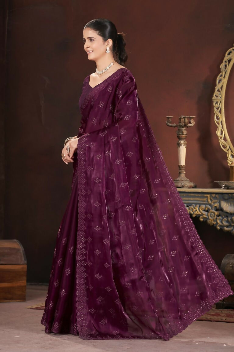 Vastranavya Wine Jimmy Choo Silk 3mm Sequence work with Cross Stitch Embroidery work & Cutwork Border Saree