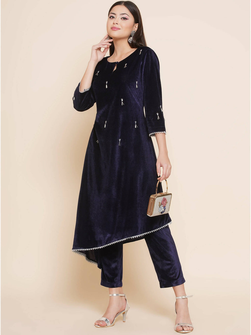 Women Republic Navy Blue Velvet Assymetrical Hand Embellished Kurta With Pants