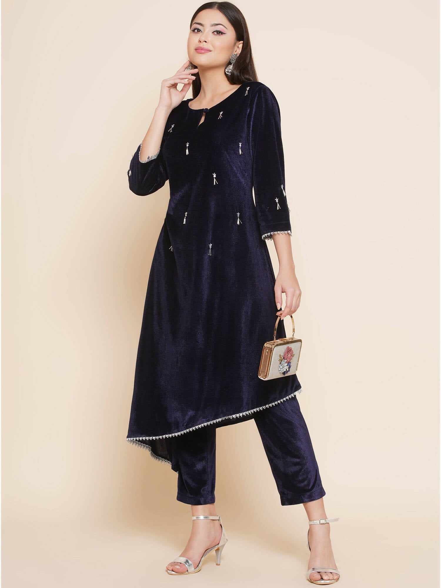 Women Republic Navy Blue Velvet Assymetrical Hand Embellished Kurta With Pants