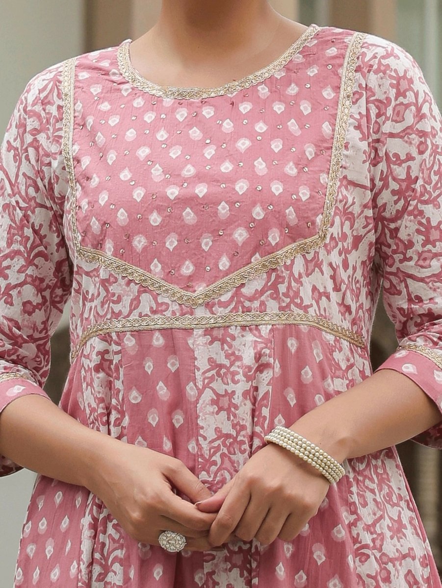 Aramya Anarkali Soft Cotton Block Print Women's Kurta Set - Pink
