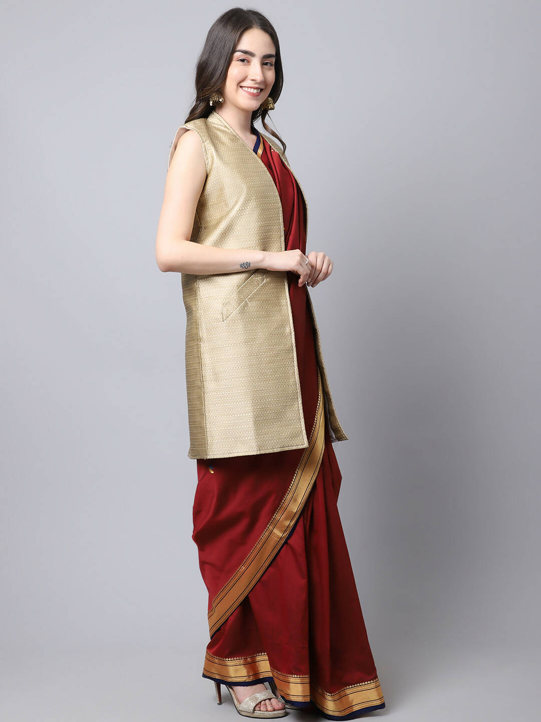 Even Apparels Beige Bansari Silk Open Front Women's Long Coat
