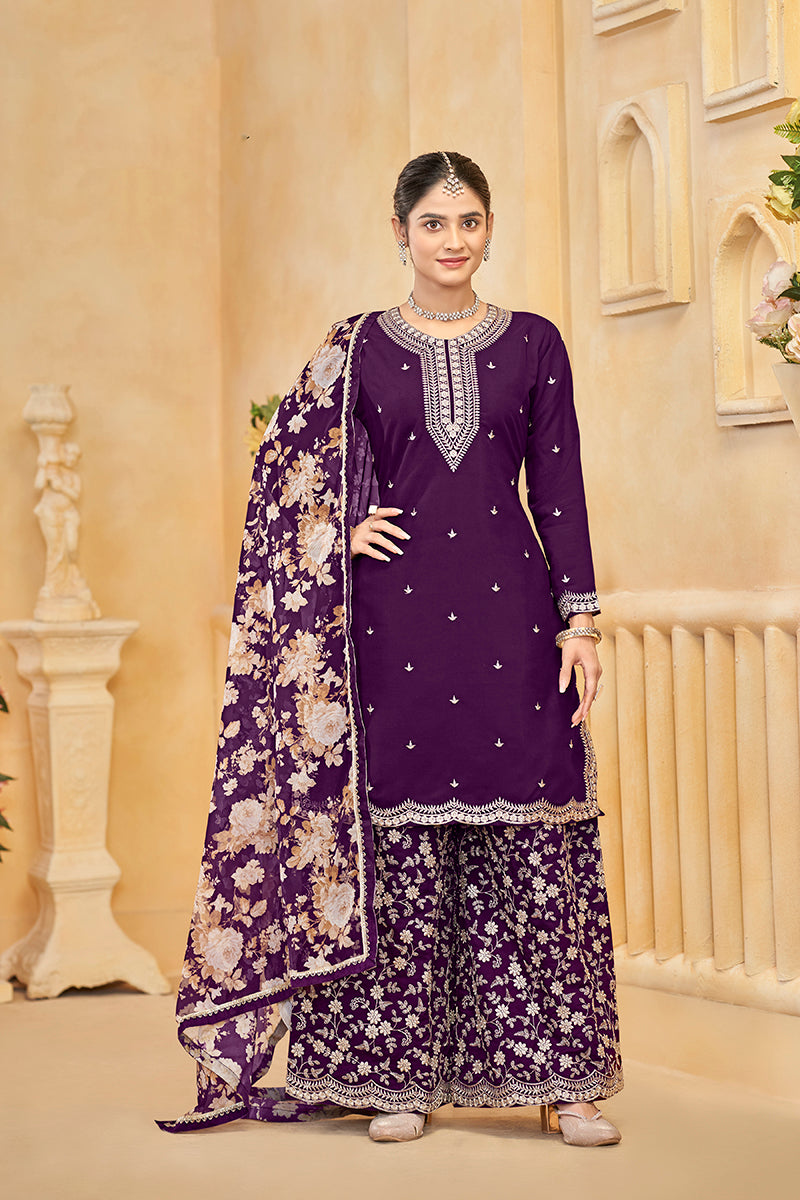 Monjolika Fashion Dark-Purple Color Embroidered Santoon Silk Salwar Suit