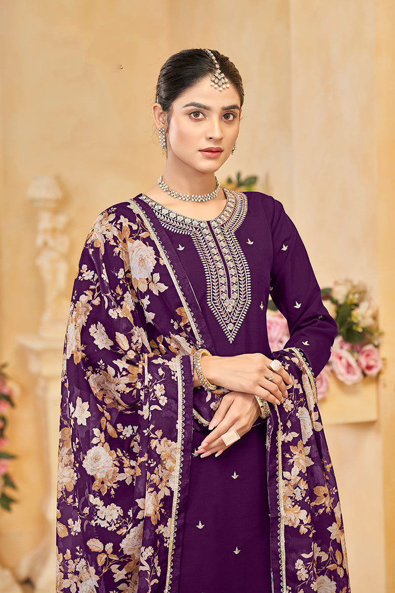 Monjolika Fashion Dark-Purple Color Embroidered Santoon Silk Salwar Suit