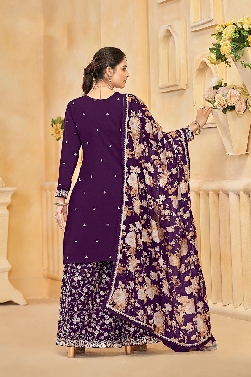 Monjolika Fashion Dark-Purple Color Embroidered Santoon Silk Salwar Suit