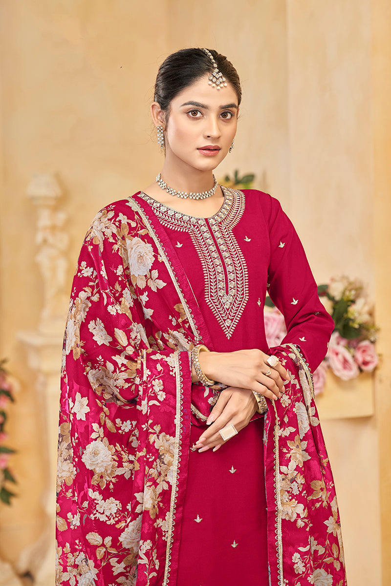 Monjolika Fashion Dark-Hot-Pink Color Embroidered Santoon Silk Salwar Suit